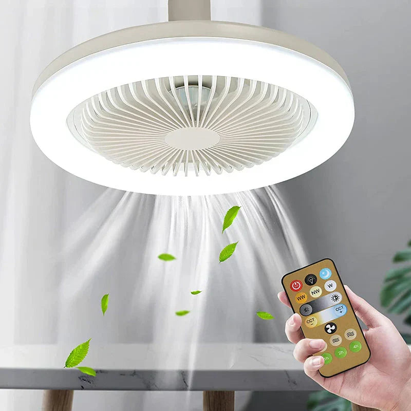 Contemporary room fan and LED light fixture, offering quiet cooling and bright illumination for modern homes.