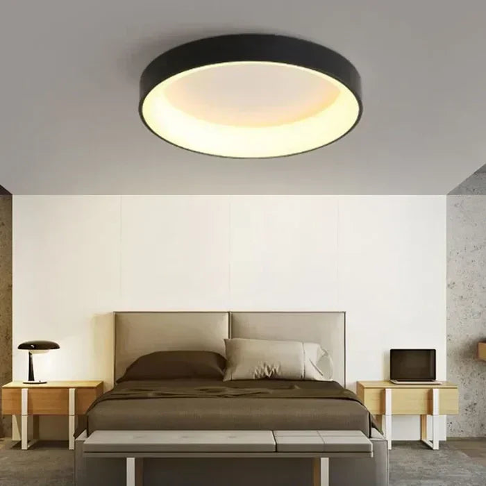 Modern circular LED ceiling light. Flush mount design for living room or bedroom. Energy efficient home ambiance.