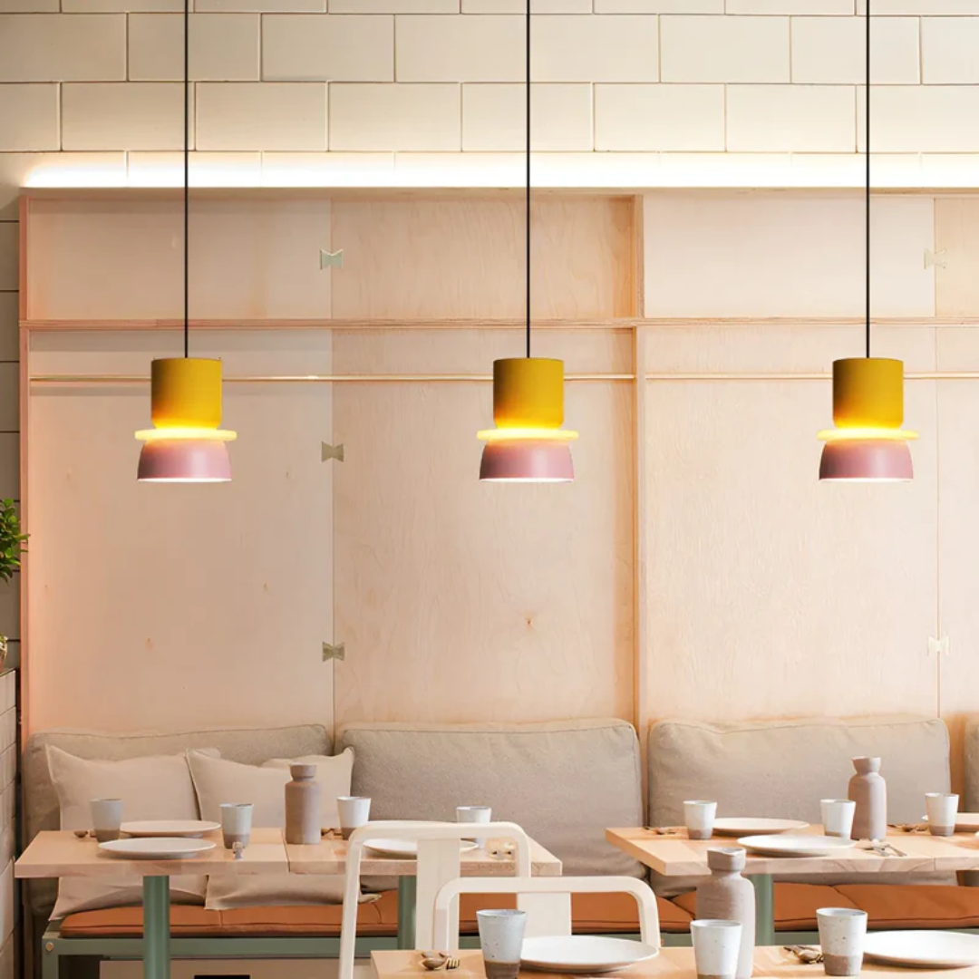 Versatile colorful macaron LED pendant light, suitable for various modern home spaces.
