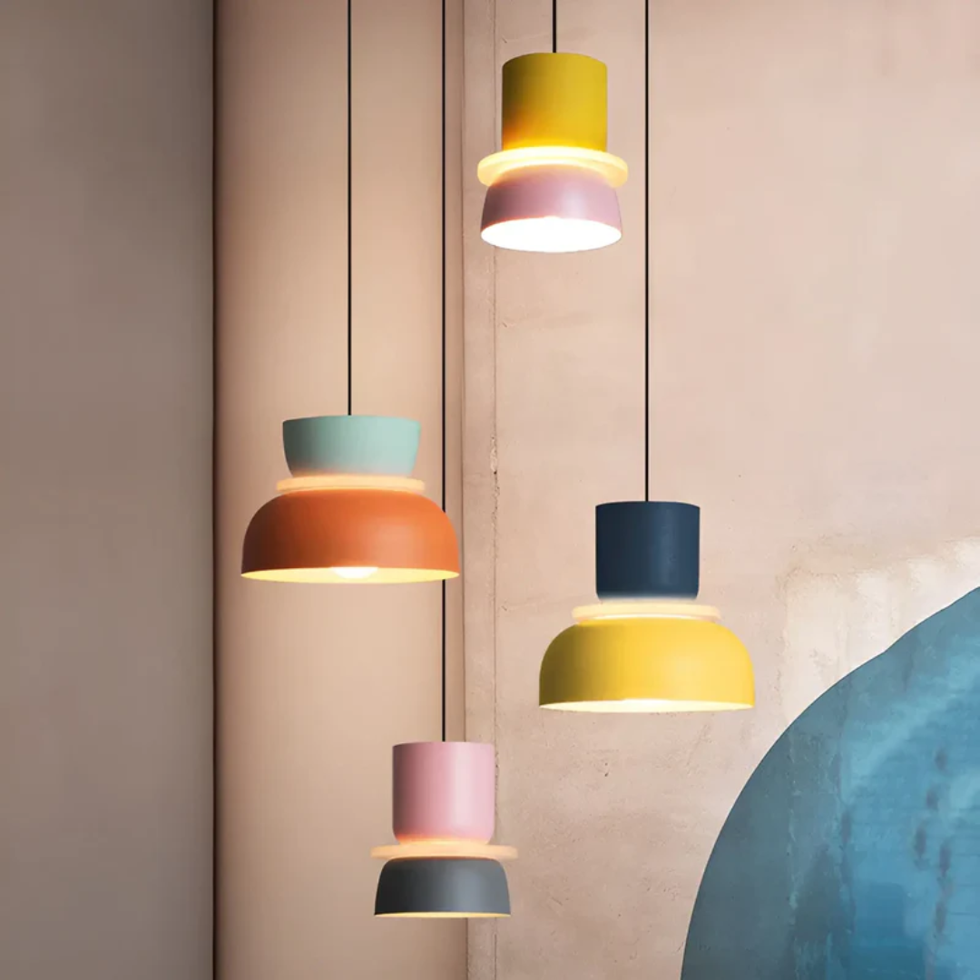 High-quality modern colorful LED macaron pendant light, durable and chic home illumination.