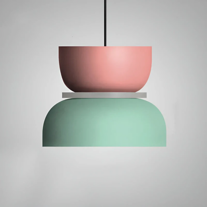 Smooth pastel macaron-shaped LED pendant light, a contemporary and playful lighting fixture.