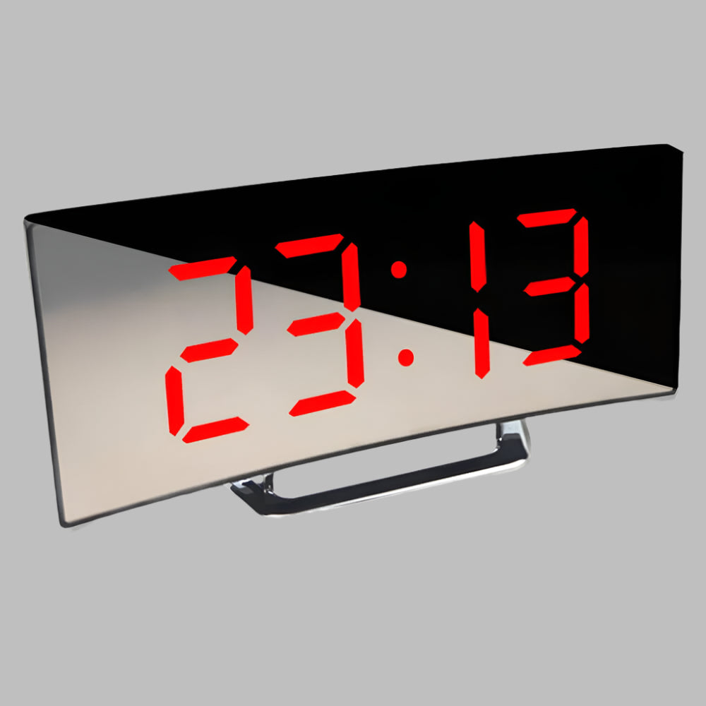 Modern curved LED alarm clock with clear digital display and snooze function, perfect for bedroom or desktop.