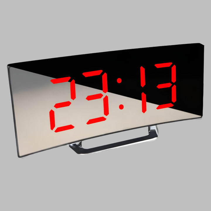 Modern curved LED alarm clock with clear digital display and snooze function, perfect for bedroom or desktop.