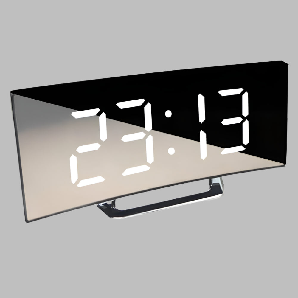 Sleek minimalist curved LED alarm clock for modern home decor, featuring a bright digital time display.