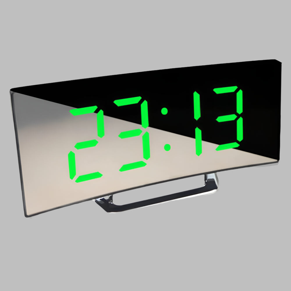 Stylish curved LED digital alarm clock with easy-to-read display, snooze, ideal as a bedroom timepiece.