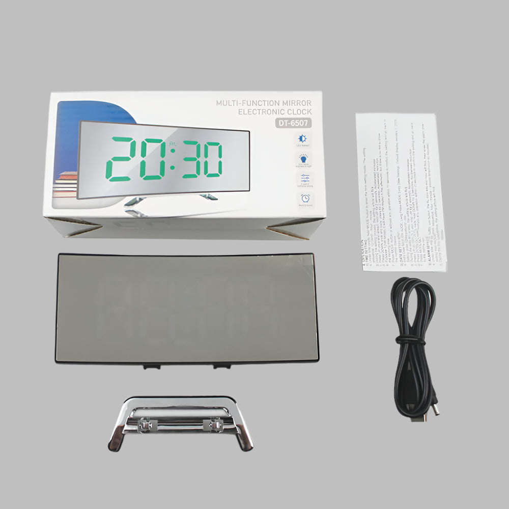Functional modern curved LED alarm clock with snooze feature and bright digital time, great for desktop or nightstand.