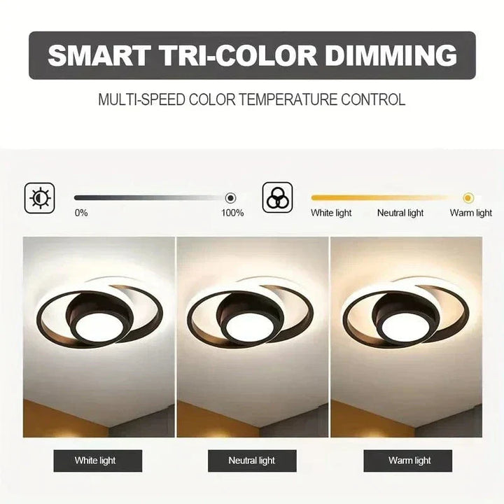 "Modern dimmable LED flush mount ceiling light, 3-colour options, sleek round design, fits low ceilings, energy-efficient"