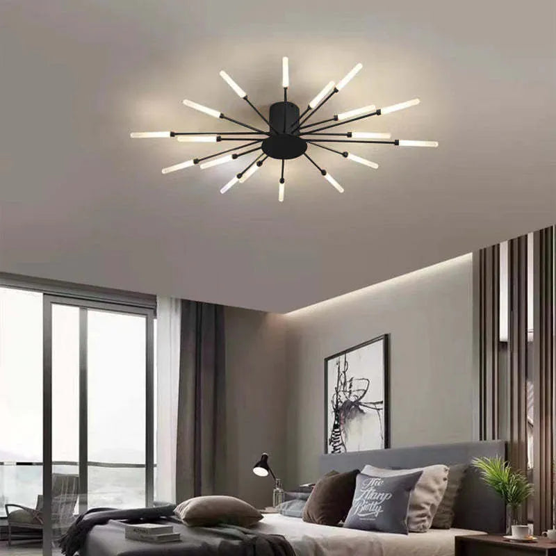 "Modern firework-inspired flush mount light with sleek metal and acrylic design, enhancing interior elegance and ambiance."