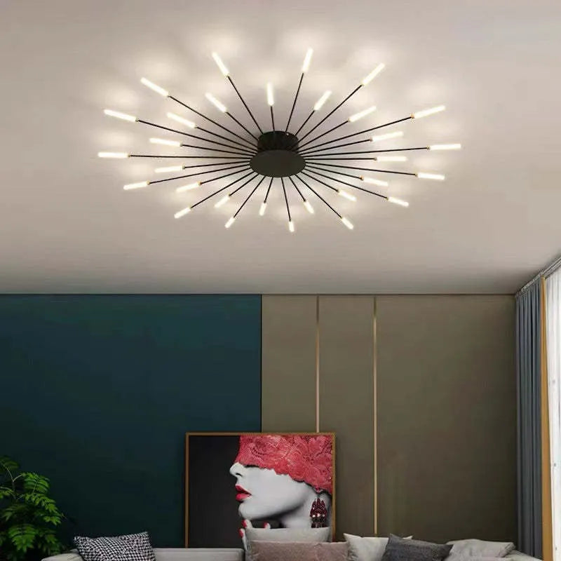 "Modern firework-inspired flush mount light with sleek metal and acrylic design, enhancing interior elegance and ambiance."