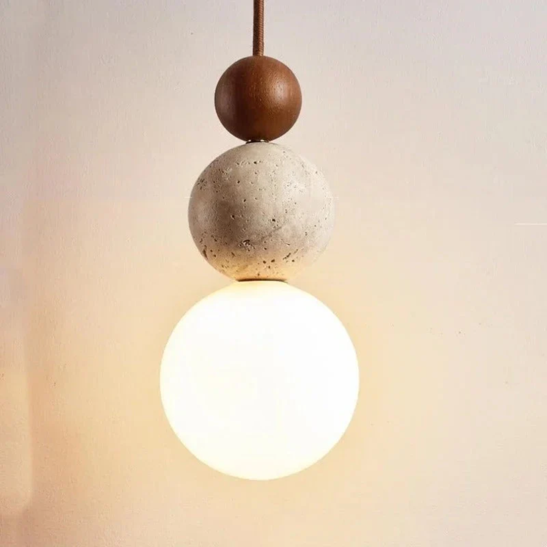 Modern geometric pendant light with natural travertine & mahogany for elegant home decor.