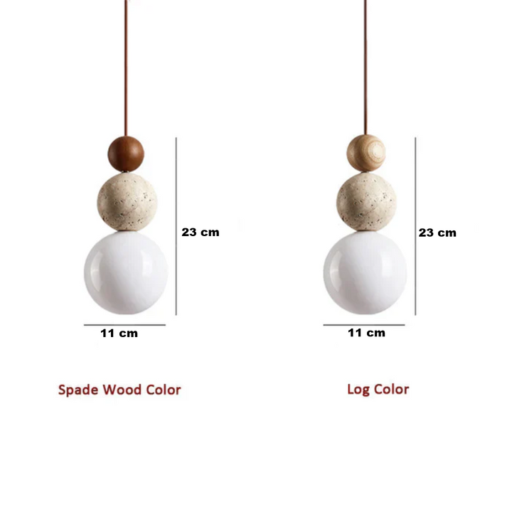 Elegant NaturaLuxe geometric pendant lamp, travertine & mahogany, for contemporary homes.