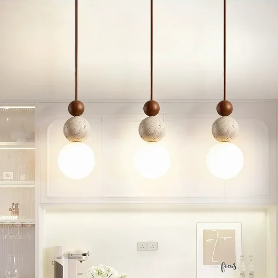 Contemporary travertine & mahogany geometric pendant lamp, ideal for modern living rooms.