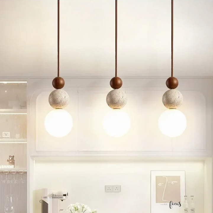 Contemporary travertine & mahogany geometric pendant lamp, ideal for modern living rooms.