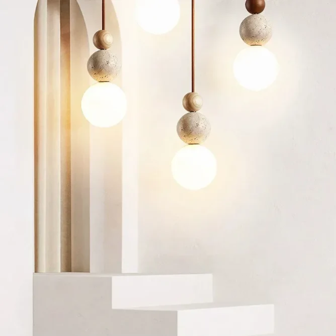 Elegant geometric ceiling fixture featuring natural travertine & rich mahogany wood.