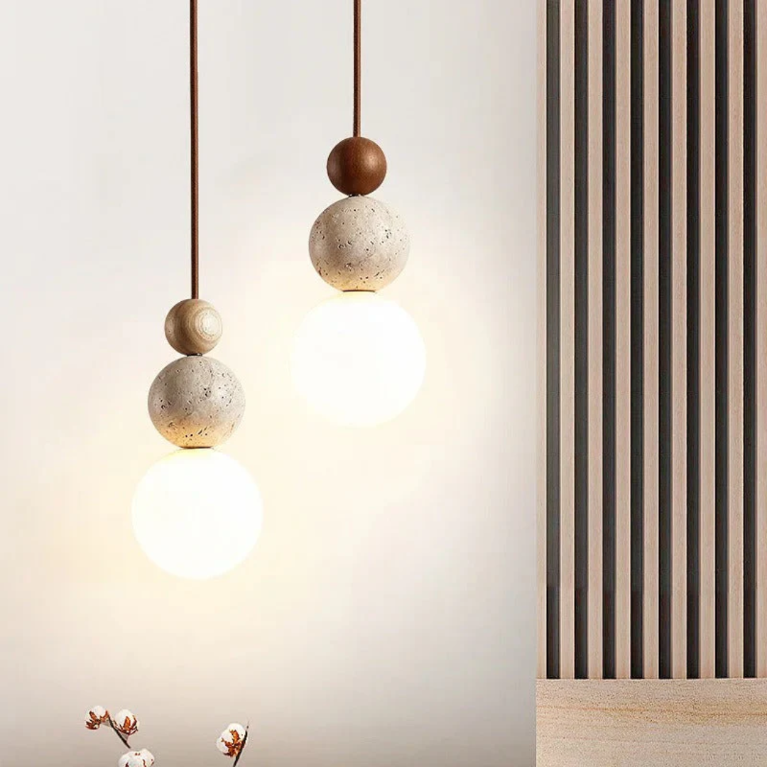 NaturaLuxe modern geometric pendant light, travertine & mahogany, perfect for dining rooms.