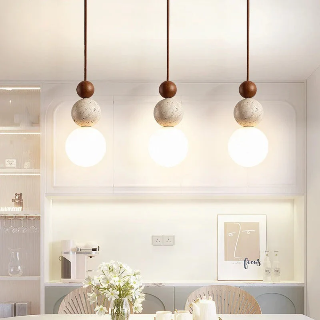 Stylish modern pendant light, geometric design, crafted from travertine and mahogany.