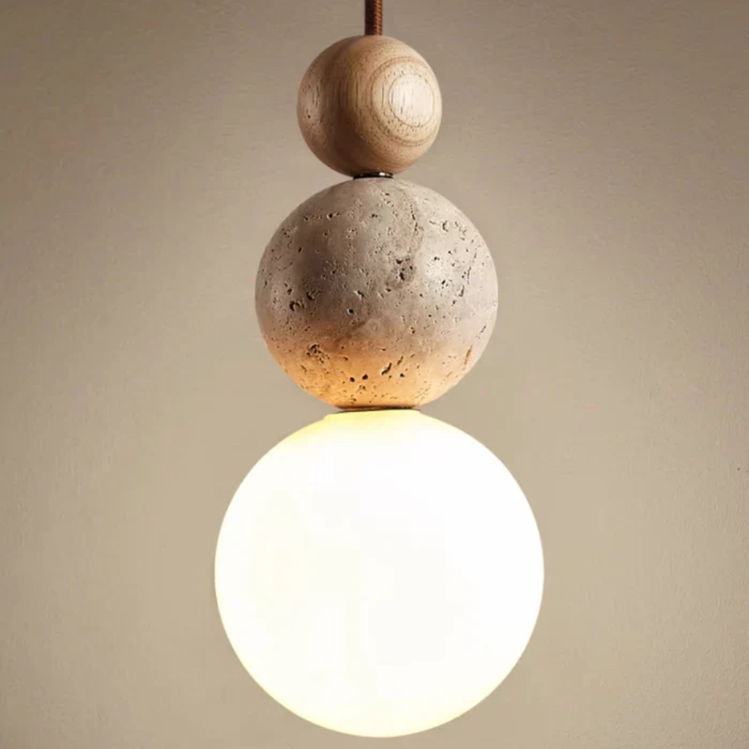 Travertine and mahogany geometric ceiling lamp, a contemporary addition to home decor.