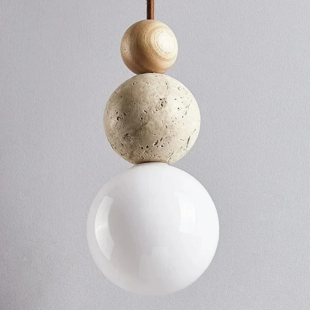 Modern geometric pendant light fixture, combining natural travertine & dark mahogany wood.