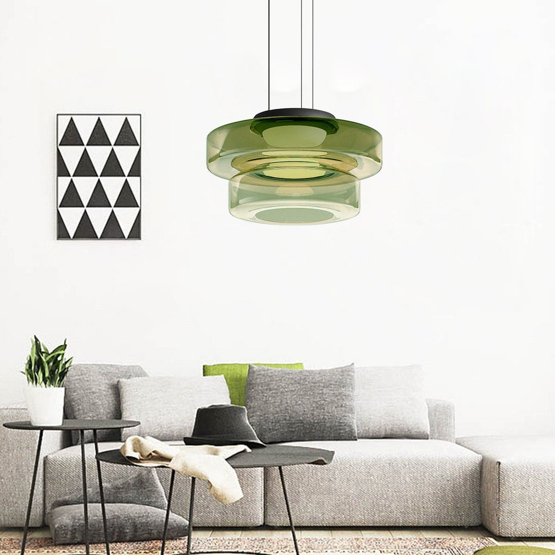 "Modern glass pendant lamp in Bauhaus design, smoke grey shade, adjustable cable, warm LED glow, ideal for home interiors."
