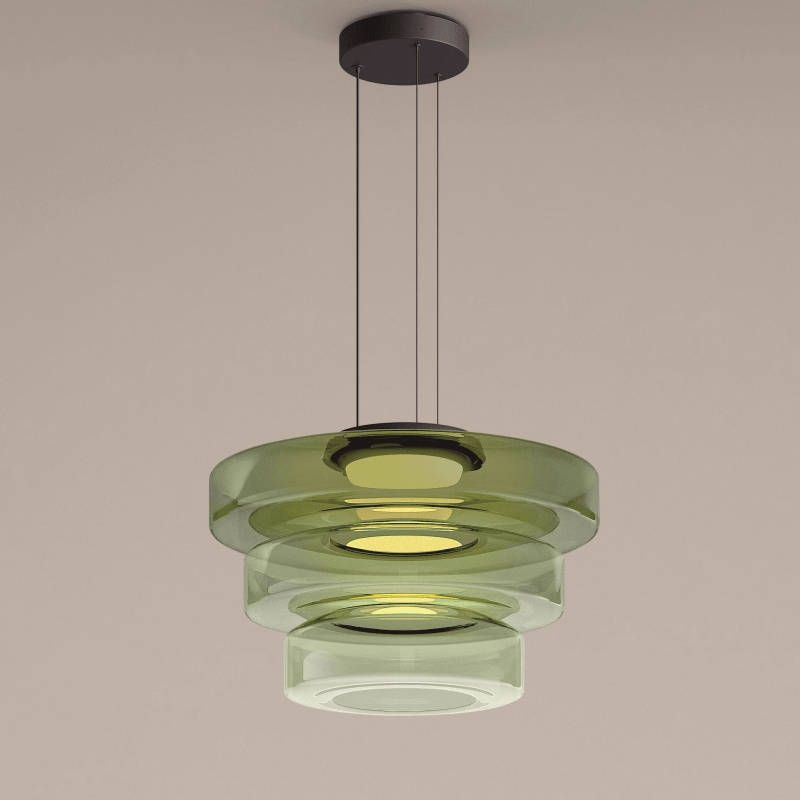 "Modern glass pendant lamp in Bauhaus design, smoke grey shade, adjustable cable, warm LED glow, ideal for home interiors."