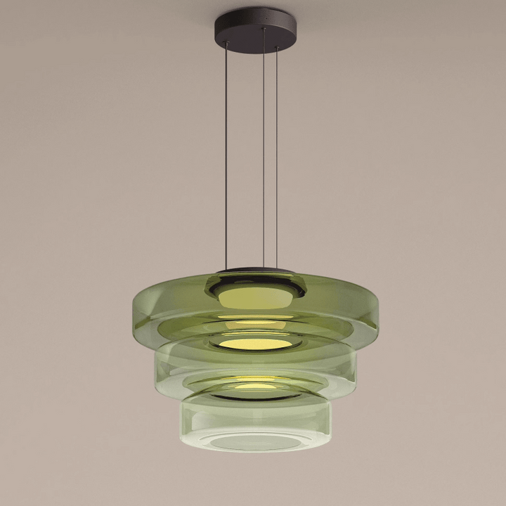 "Modern glass pendant lamp in Bauhaus design, smoke grey shade, adjustable cable, warm LED glow, ideal for home interiors."
