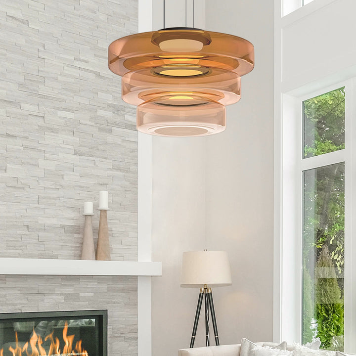 "Modern glass pendant lamp in Bauhaus design, smoke grey shade, adjustable cable, warm LED glow, ideal for home interiors."