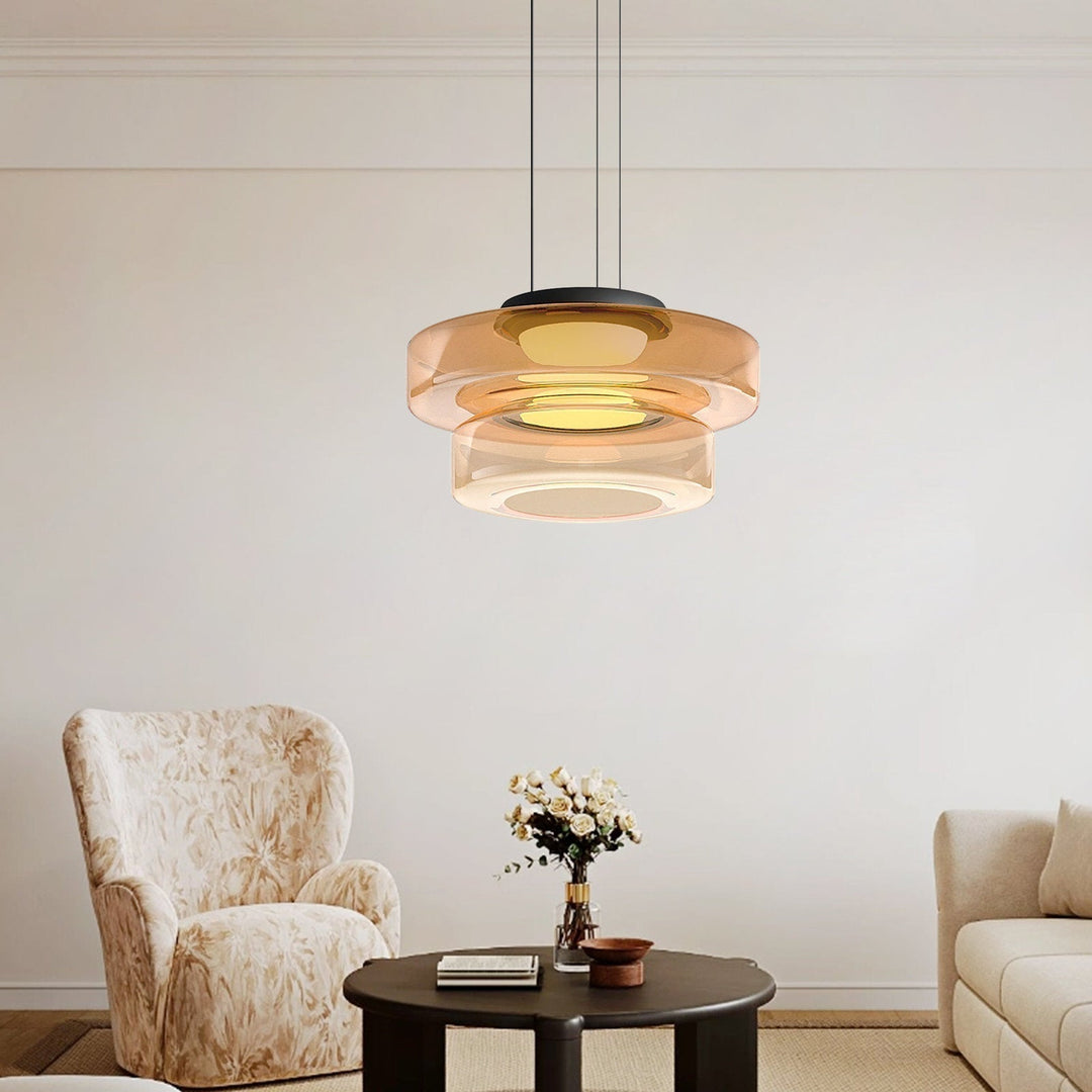 "Modern glass pendant lamp in Bauhaus design, smoke grey shade, adjustable cable, warm LED glow, ideal for home interiors."