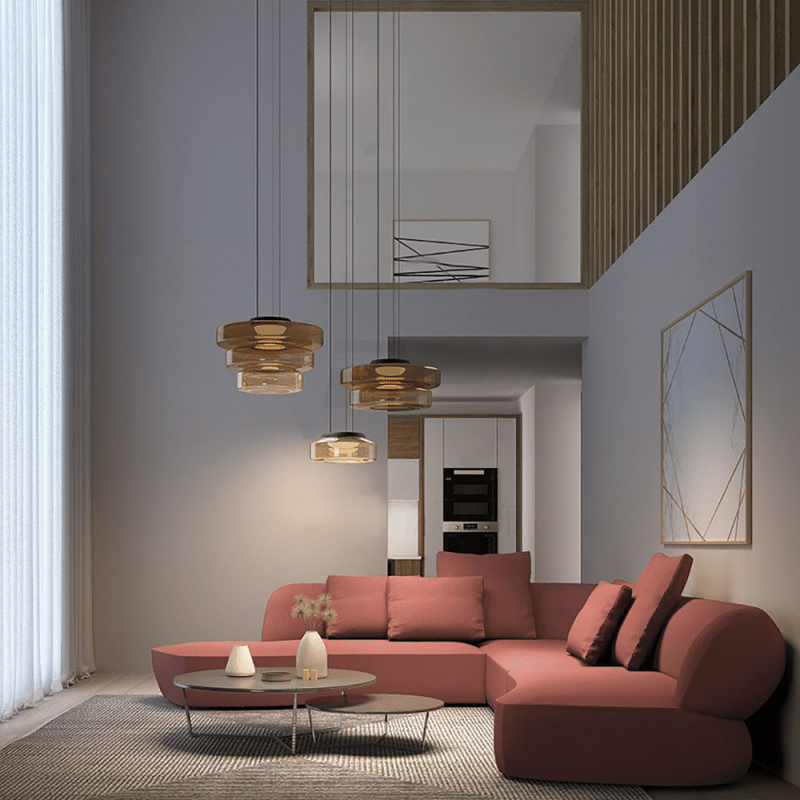 "Modern glass pendant lamp in Bauhaus design, smoke grey shade, adjustable cable, warm LED glow, ideal for home interiors."