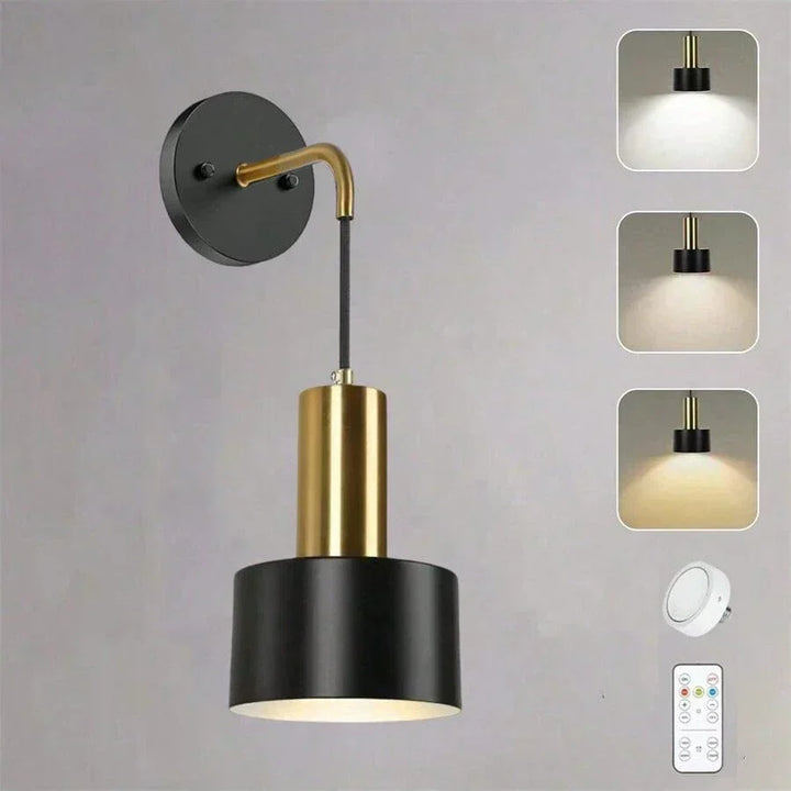 "Modern gold and black battery wall lamp with remote control, enhancing indoor ambiance with adjustable brightness levels."