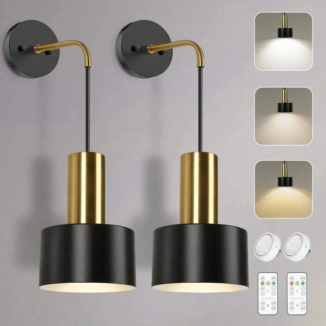 "Modern gold and black battery wall lamp with remote control, enhancing indoor ambiance with adjustable brightness levels."