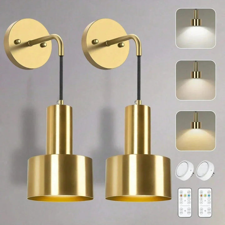 "Modern gold and black battery wall lamp with remote control, enhancing indoor ambiance with adjustable brightness levels."
