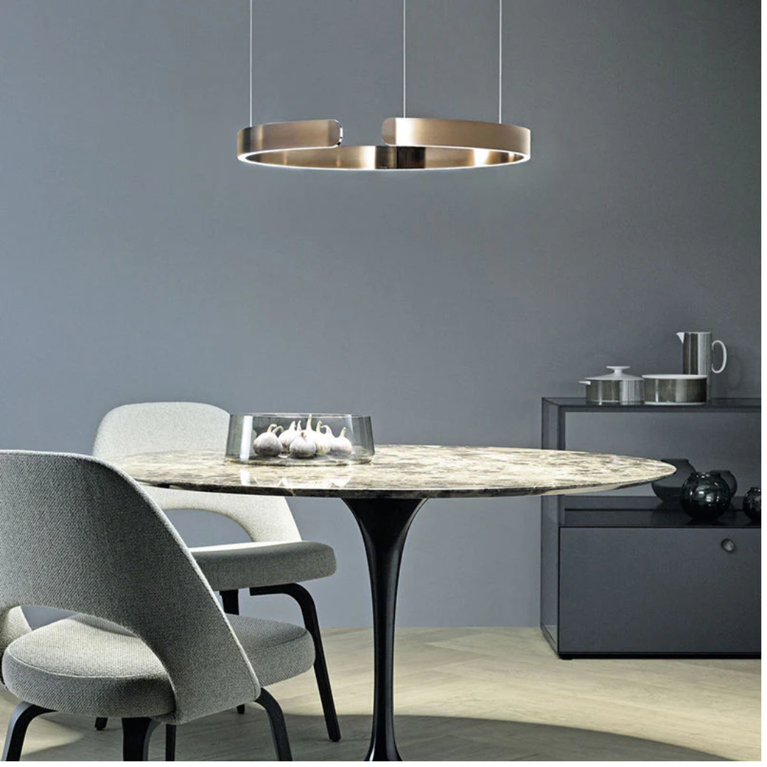 Sleek black LED circle pendant light. Dimmable HaloRing, modern aesthetic for living rooms & high ceilings.