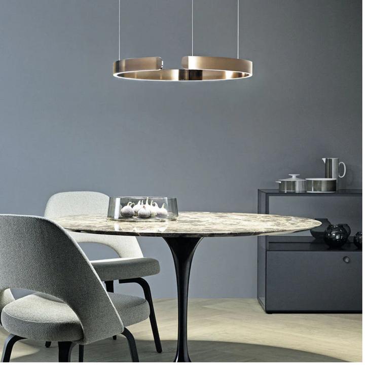Sleek black LED circle pendant light. Dimmable HaloRing, modern aesthetic for living rooms & high ceilings.