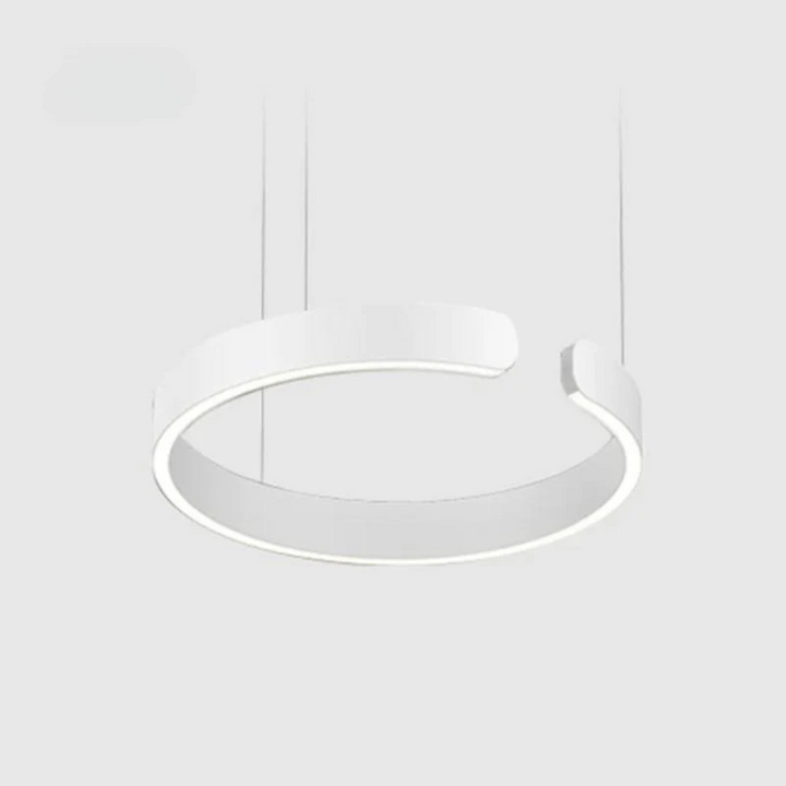 Rose gold modern LED circle pendant light. Elegant HaloRing design, dimmable, adds contemporary flair.