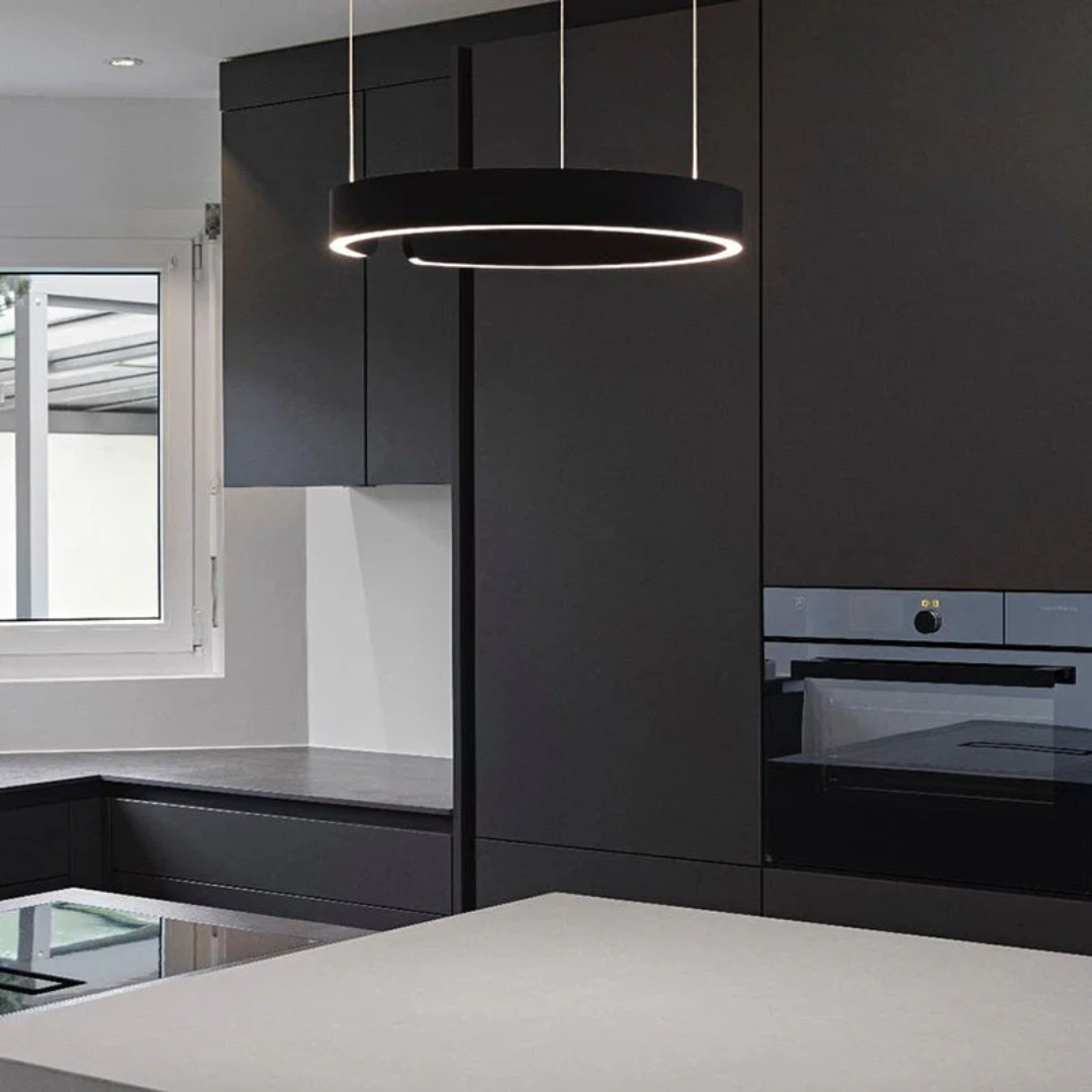 Clean white LED circle pendant light. Dimmable HaloRing, modern ceiling fixture for various home decor styles.