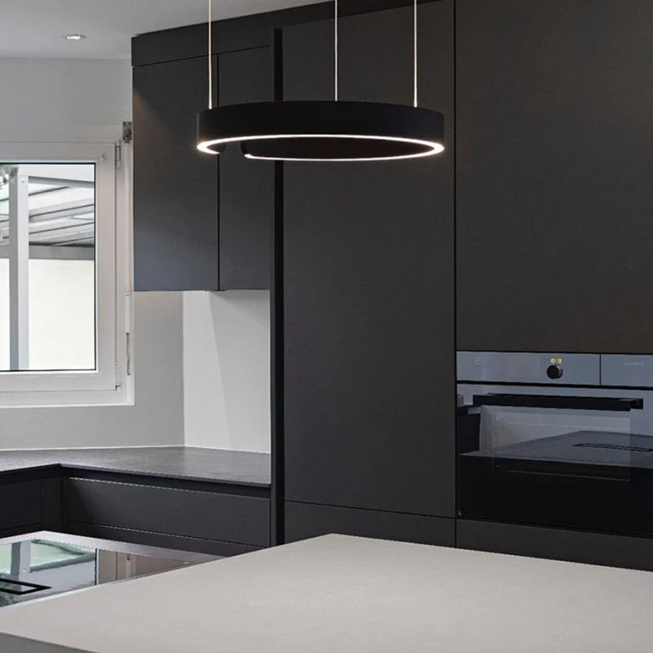 Clean white LED circle pendant light. Dimmable HaloRing, modern ceiling fixture for various home decor styles.