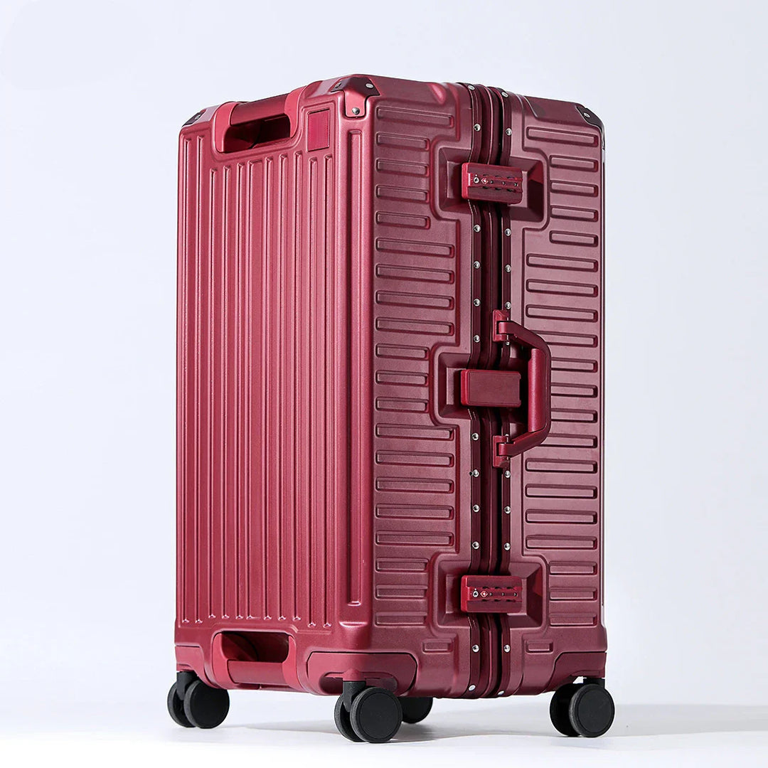Modern hard shell suitcase with wide handle and spinner wheels for effortless travel and vacation.