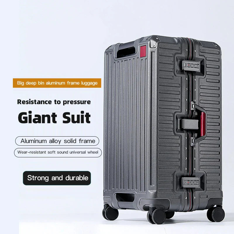 Ergonomic travel hard shell luggage featuring a wide handle for comfortable, stable maneuvering.