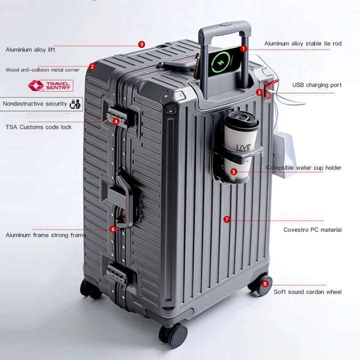 Four double spinner wheels on this hard shell travel suitcase ensure smooth, multi-directional movement.
