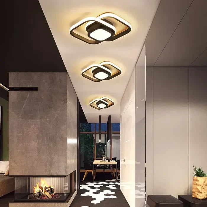 Contemporary LED ceiling fixture, "Twilight Rings" double design. Ideal for hallways, bedrooms, or offices.