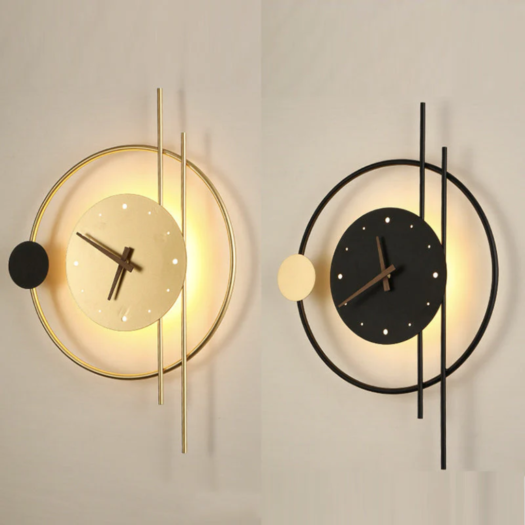 Modern LED wall clock lamp, elegant black finish, for stylish living room decor.