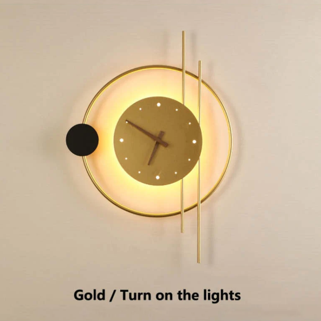 Sleek LED wall clock with ambient lighting, a unique modern design for home decor.