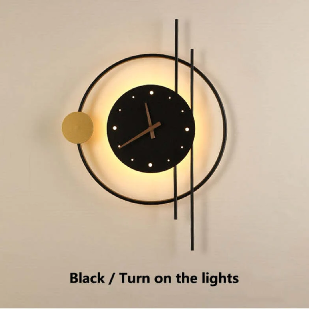 Decorative modern LED wall clock with subtle gold accents, enhancing contemporary spaces.