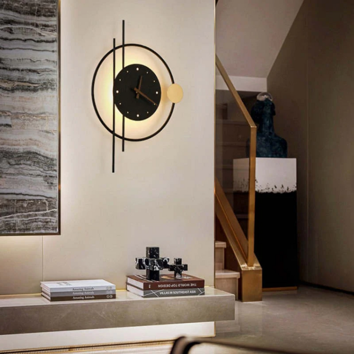 Modern LED wall clock with integrated lamp, offering stylish and practical home lighting.