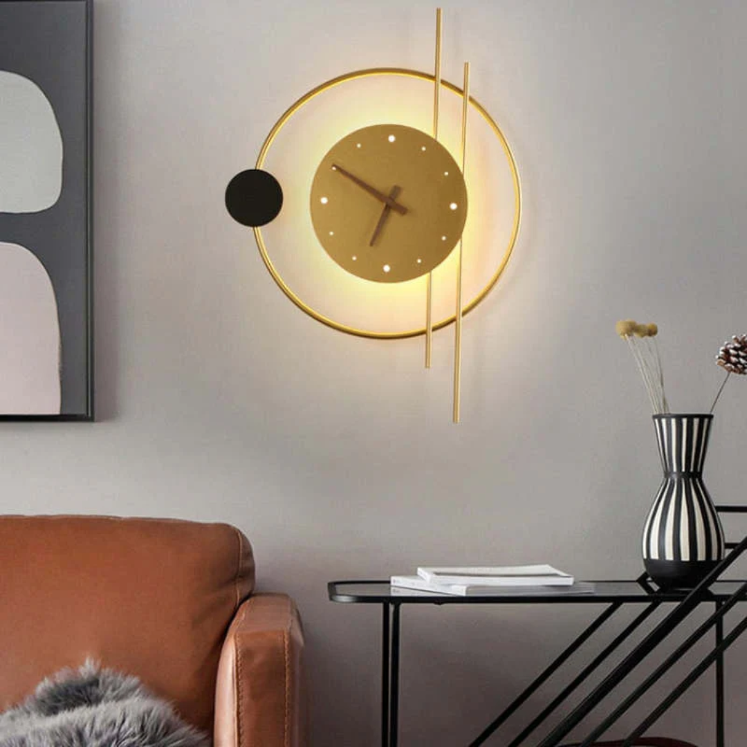 Elegant LED wall clock lamp, black finish with gold highlights, for unique home styling.