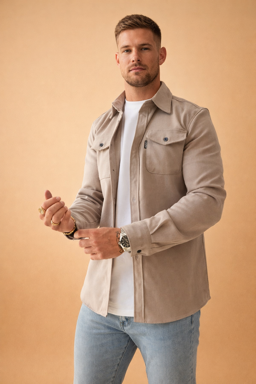 Modern men's long-sleeve polo shirt. Utilitarian design, versatile smart casual top for men's fashion.