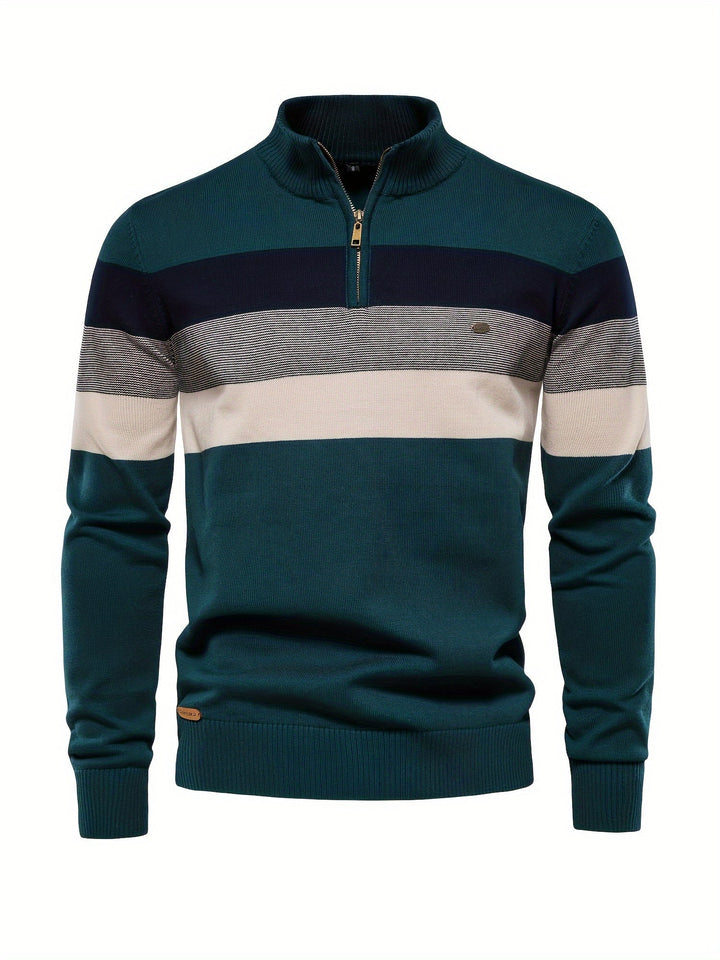 Modern men's Wyatt knitted half-zip sweater. Cotton pullover for versatile autumn & casual winter style.