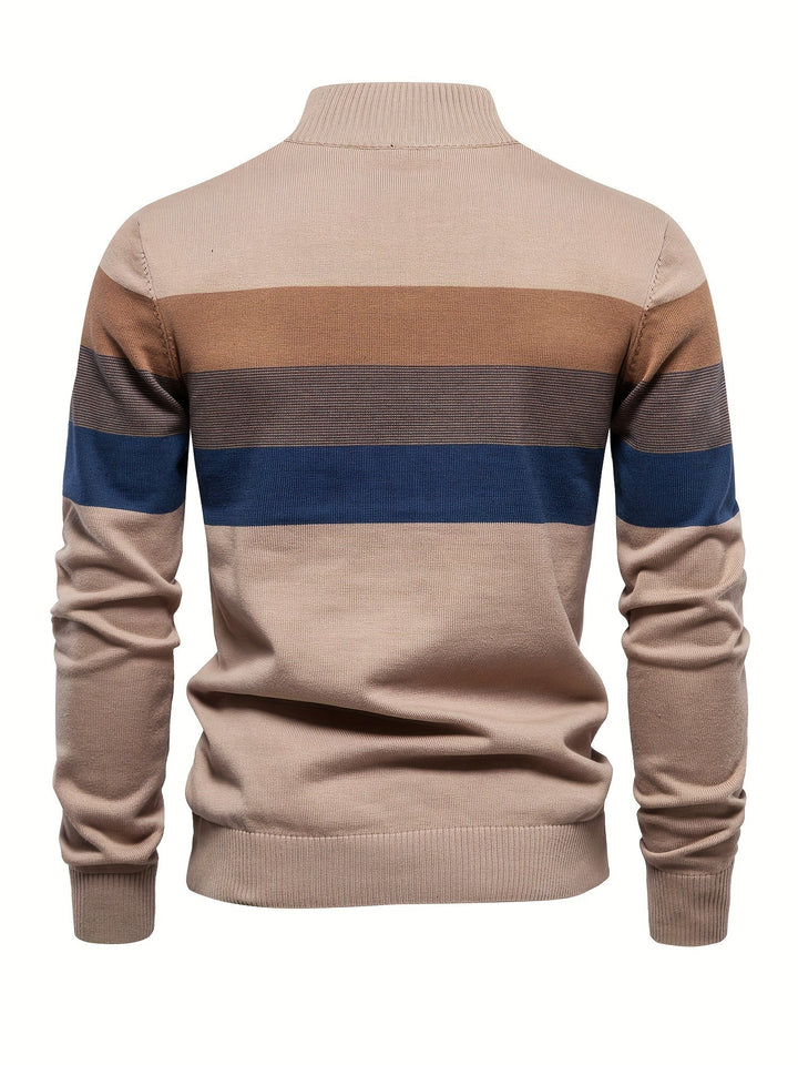 Men's versatile knitted cotton half-zip sweater. Modern Wyatt pullover for effortless casual elegance & warmth.