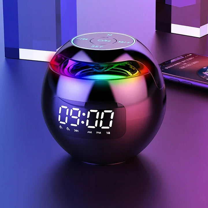 Modern multi-function digital alarm clock with Bluetooth speaker, vibrant night light, and time display.