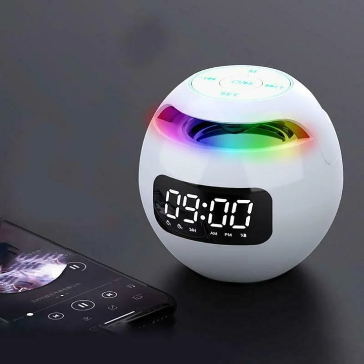 Sleek modern digital alarm clock with Bluetooth speaker and night light, perfect bedside home decor.